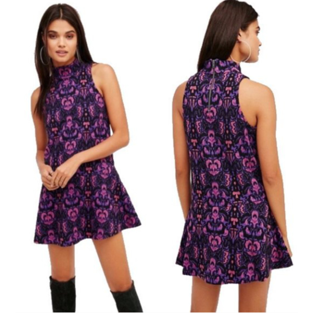 High-Neck Purple Patterned Sleeveless A-Line Dress
